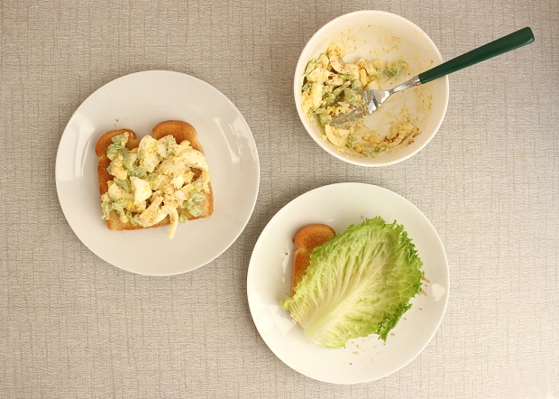 One slice of toasted bread with egg salad on top, and another slice with lettuce on top.