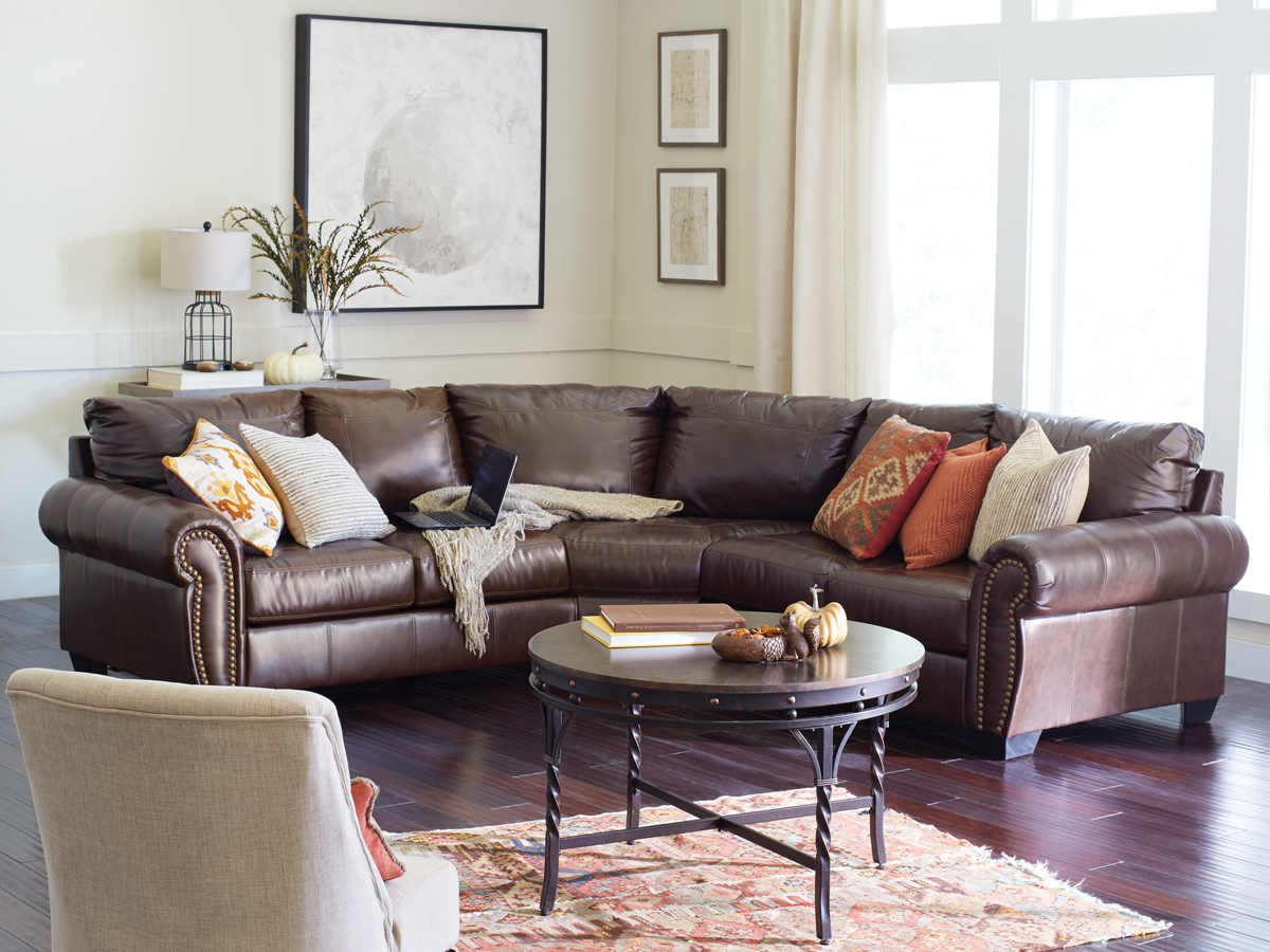 Leather sectional and coffee table in living room