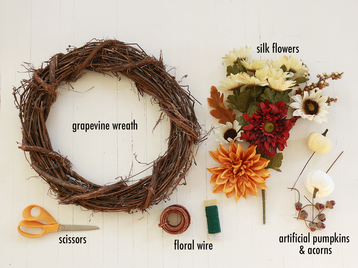 Materials needed to make a fall wreath