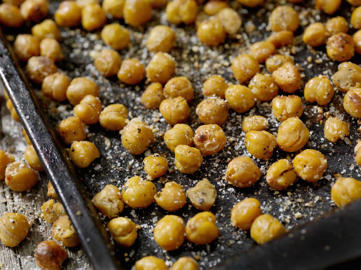Salted chickpeas on a sheetpan