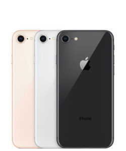 side-by-side image of iphone 8 in black, gray, and pink