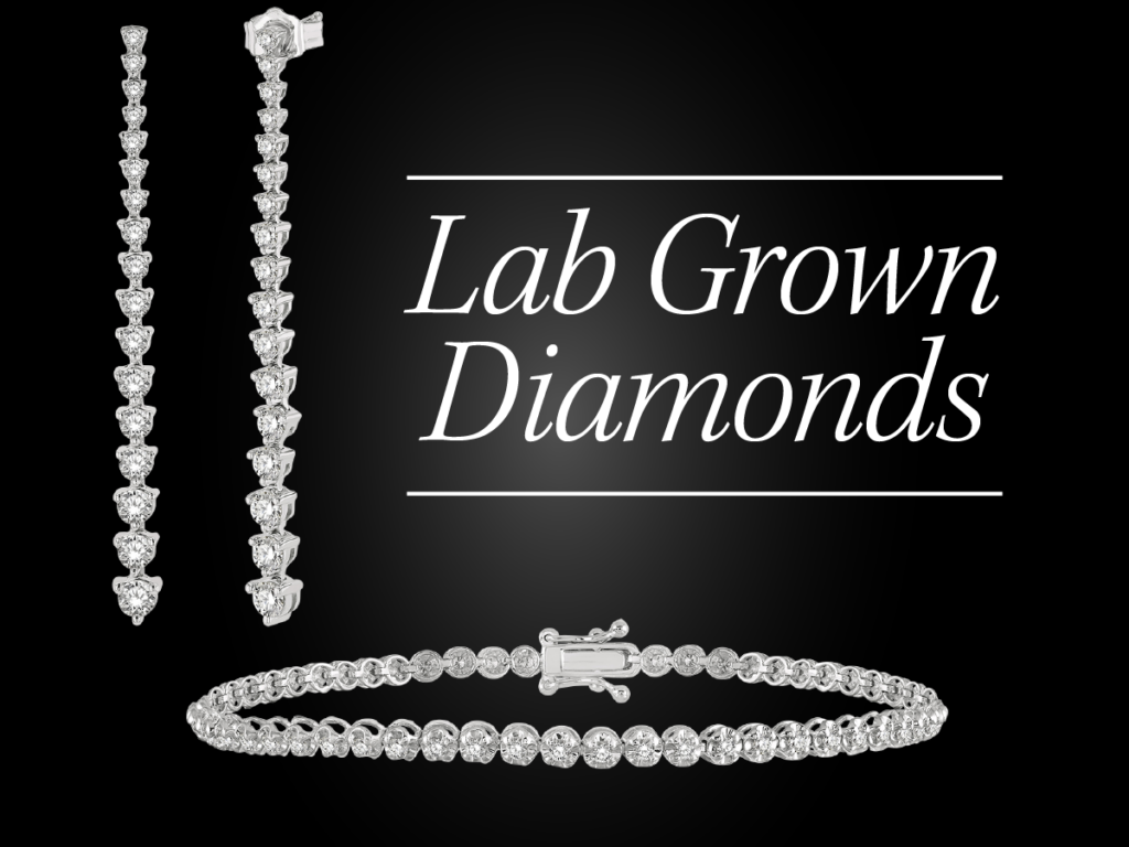 Image of Rent-A-Center lab-grown diamonds offerings. This image includes a set of diamond earrings and a bracelet.