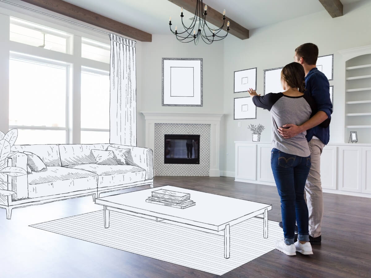 Couple in living room with fireplace trying to imagine new layout. Rumination is showed through drawn images of tables, a sofa, and decor