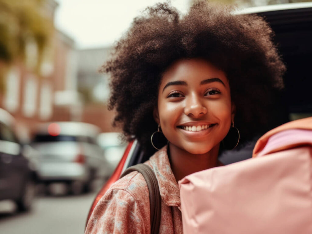 Smiling young college student holding items after unpacking vehicle