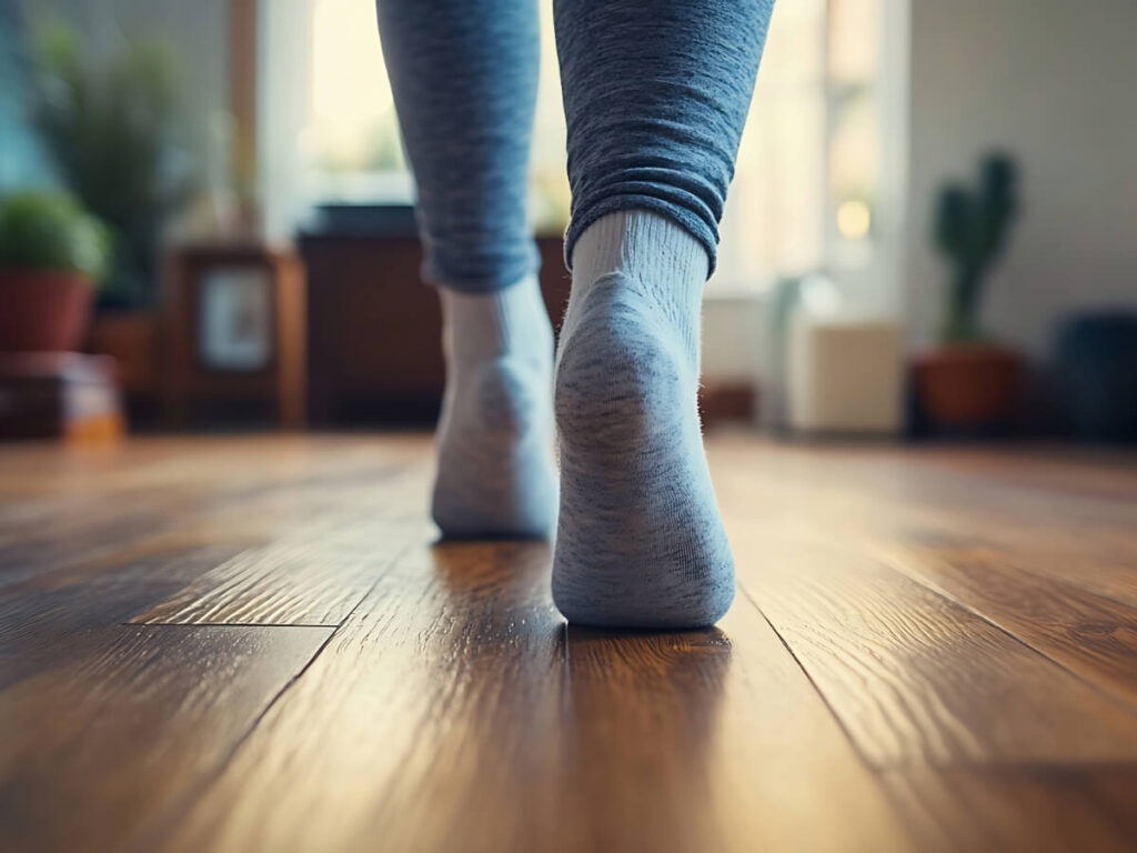 Person walking across hardwood floor in comfy socks at home