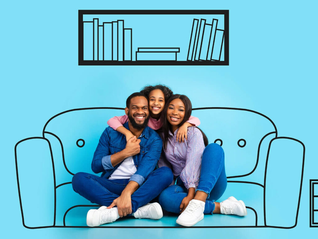 Happy Family of Three Sitting in Drawn/Illustrated Living Room