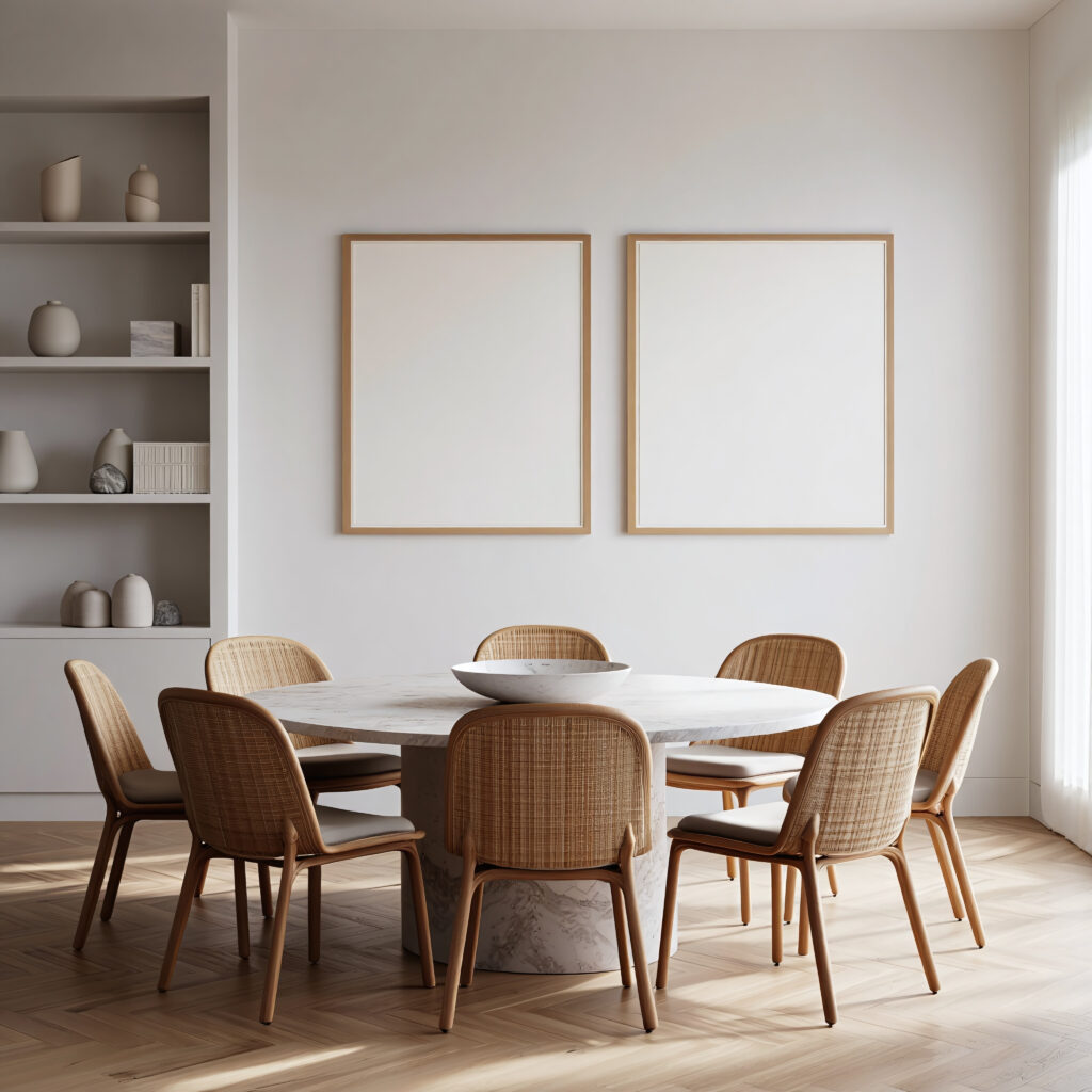 Round minimalistic dining table set-up in dining room with wicker chairs