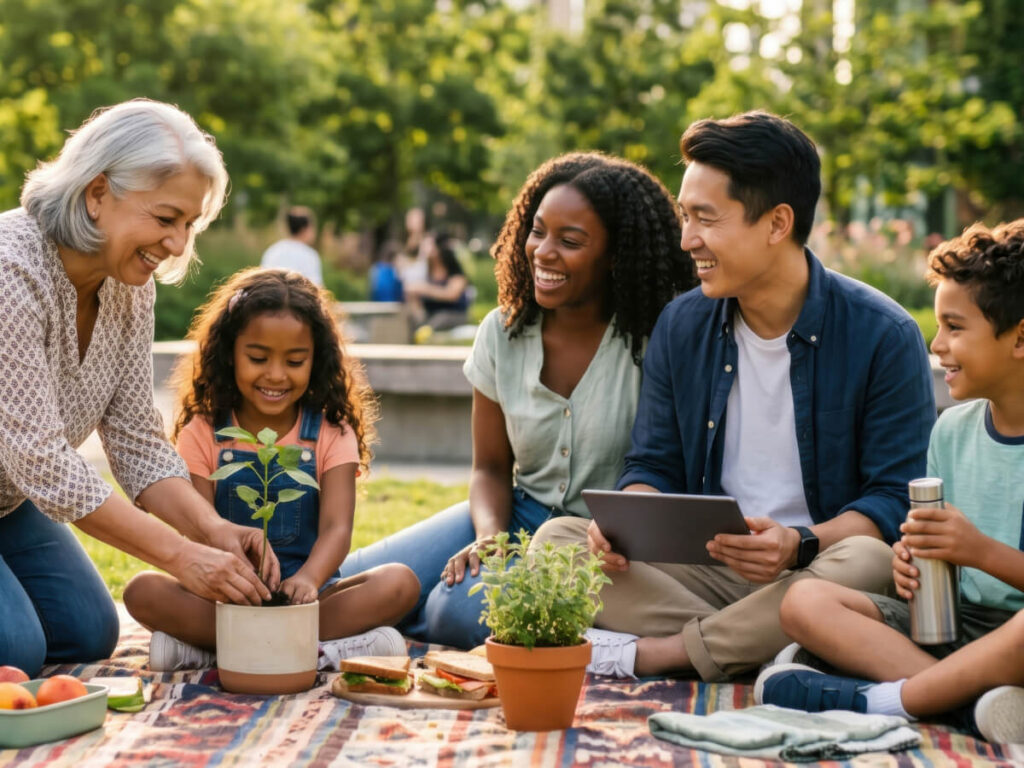 Happy multi-generational family at park on picnic blanket arranging plants