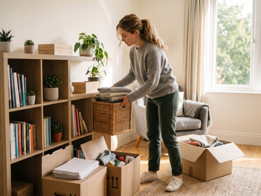 Woman placing full wicker basket in shelf