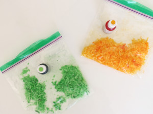 Make sure the food coloring coats the shredded coconut evenly.