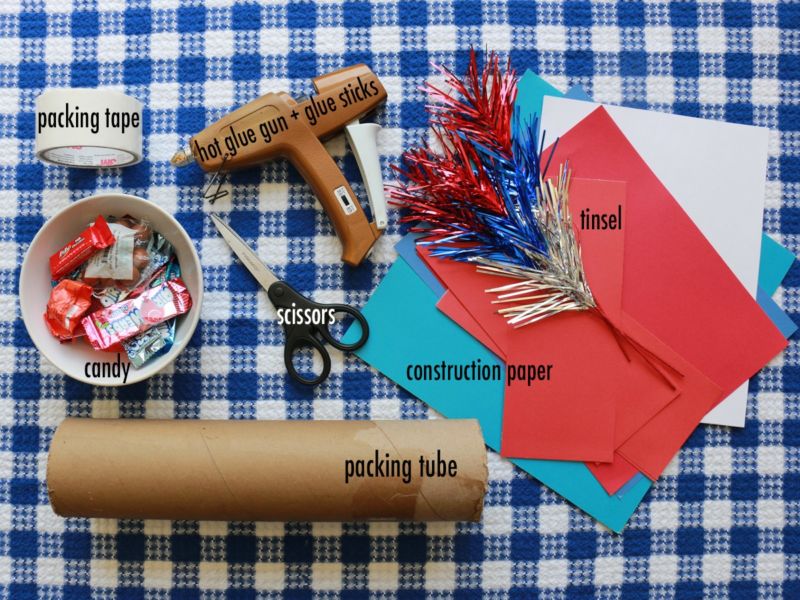 The supplies you need to make a rocket piñata. If you plan on actually hitting it open, you’ll also need monofilament and a bat. Rocket piñata craft supplies